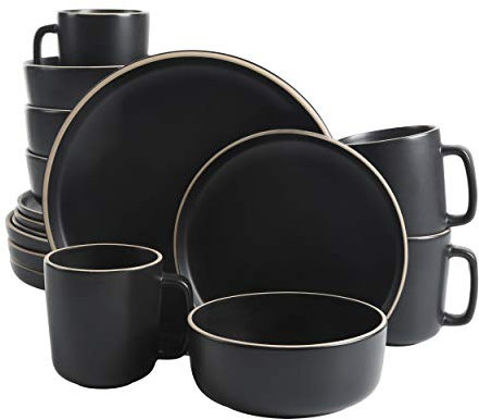 Gibson Home Zuma Service de table de cuisine rond 16 pièces pour 4 personnes, assiettes, bols, tasses, en grès mat, noir