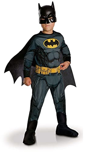 RUBIES - DC - BATMAN ufficiale - Costume classico per bambini - Taglia 5-6 anni - Costume con tuta stampata, cintura, copriscarponi, mantello e maschera rimovibili - Halloween, Carnevale