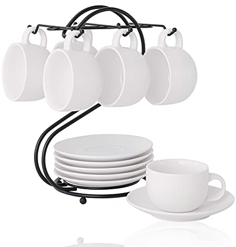 Juego de Tazas de Espresso de Cerámica (135ml) con Platillo y Portavasos, Candiicap Tazas de Cafe para Capuchino, Latte, Espresso, Americano, Té(135ml,Blanco Mate)
