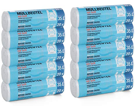 200 Stück Müllbeutel Premiumline: 35 Liter, 10er Pack, Größe: 54 x 63 cm - Besonders reißfest und wasserdicht - Mit Trage-Griff/Henkel