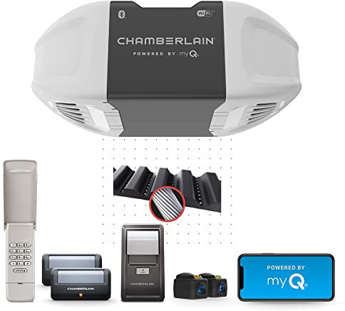Chamberlain Abridor inteligente puerta de cochera B2405, Control Smartphone myQ, Ultra silencioso, Fuerte transmisión por Correa, teclado inalámbrico incluido Garage Door Opener, White, No hay Talla
