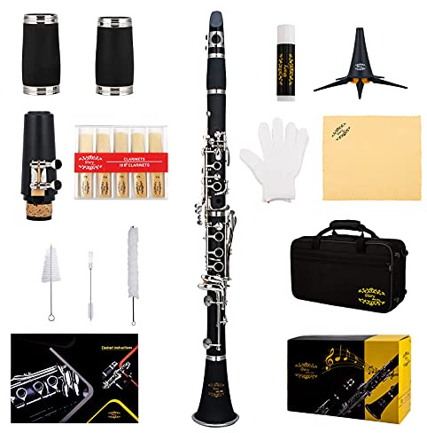 Glory GLY-PBK Professional Ebonite Bb Clarinet with 10 Reeds, Stand, Hard Case, Cleaning Cloth, Cork grease, Mouthpiece Brush and Pad Brush, Black