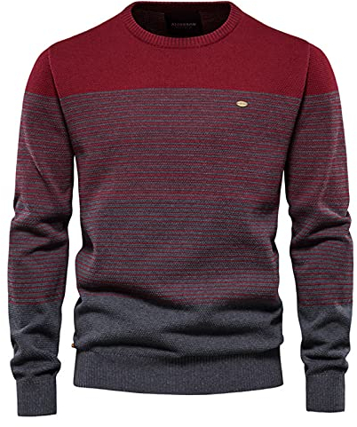 BeerMmay Herren Kontrast Pullover - Schmaler Rundhals, Gestreift, Casual Top, M, Rot