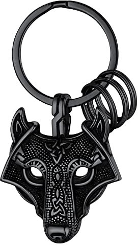 FaithHeart Norse Viking Thor Hammer Keychain for Men, Stainless Steel Mjolnir Key Rings Amulet Jewelry, 02. Wolf Head-black, Middle