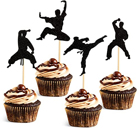 Blumomon 24Pcs Black Glitter Martial Arts Cupcake Toppers Karate Taekwondo Cupcake Picks for Kung Fu Theme Baby Shower Birthday Party Cake Decorations Supplies