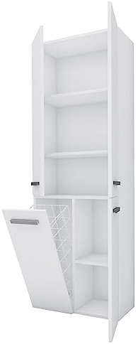3E 3xE living.com 3xEliving Badezimmerschrank Bagnoli - Standschrank mit fünf Einlegeböden und einem Wäschekorb, Badezimmersäule, Ablage, weiß, T: 30 cm, H: 174 cm, B: 60 cm