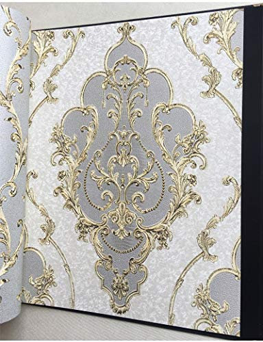 Gold Grey White Textured Luxury Damask Wallpaper 3D For Living Room Bedroom Walls Vinyl European Floral Wall Paper Rolls Wallpaper (Color : Z04602, Dimensions : 10mx53cm)
