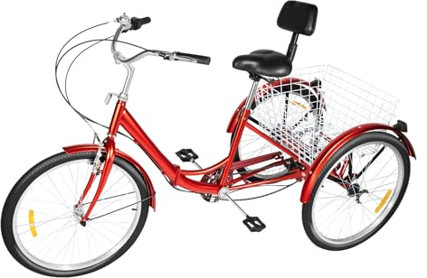 KOLHGNSE Dreirad Für Erwachsene 24 Zoll Faltbares Fahrrad 3 Räder Fahrrad 7-Gang Klappbar mit Einkaufskorb für Erwachsene, Senioren, Frauen (Rot)