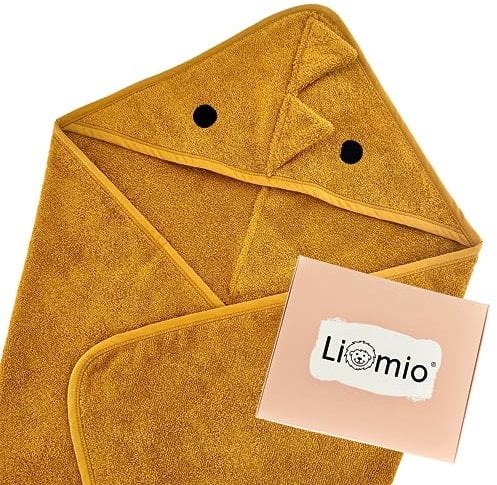 Liomio Kapuzenhandtuch Baby - Baby Handtuch mit Kapuze 100% Baumwolle [Oeko-TEX® 100] weich, kuschelig Baby Badetuch Babygeschenk (75x75cm, Dino - Mustard)