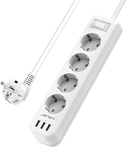 JSVER Steckdosenleiste 4 Fach mit 3 USB Ladeanschlüsse, Mehrfachsteckdose Wandmontage(16A) Steckerleiste Wandmontage mit Schaltbar 1,5M Kabel für Smartphones, Laptop, iPAD–Weiß