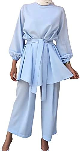 Youning Gebetskleidung Muslim Damen Langarm Top und Lang Hose 2 Teiler Muslimische Ramadan Outfit Frauen Abaya 2 Stück Top Hose Set Damen Dubai Islamische Muslimische Kleidung