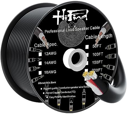 HiFind 14/2 Speaker Wire Cable 200 Ft 14 Gauge- Tinned OFC Copper- UL CL3 Rated-Indoor & Outdoor- Pro Series 14 AWG 2 Conductors- UV PVC Jacket& Cotton, Hi-Fi Sound for Home Car Speakers-Black