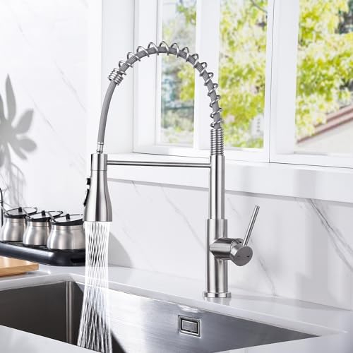 YUANNY Rubinetto da cucina con doccetta estraibile, rubinetto da cucina ad alta pressione girevole a 360°, miscelatore da cucina, rubinetto a molla a spirale in acciaio inox 304, nichel spazzolato