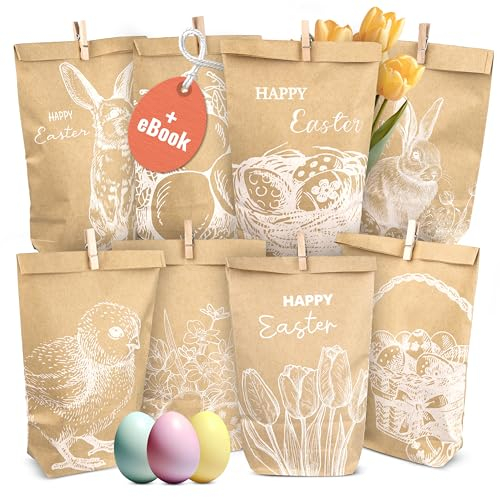 AMARI ® Ostertüten Set (12 Stück inklusive Klammern) - Geschenktüten für Ostern aus Papier - Ostern Papiertüten - Ostertüten zum Befüllen