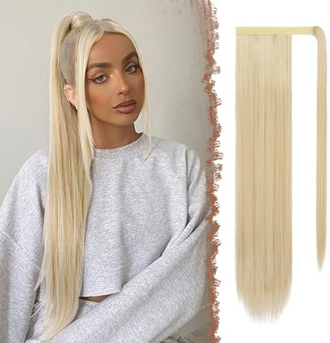 FESHFEN Lang Glattes Pferdeschwanz Haarteil Synthetik Haarverlängerung Zopf Haar Extension für Damen Mädchen, Honigblond Gemischt Platinblond 70 cm