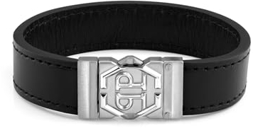 Philipp Plein Herren Armband Leder Silber Hexagon Tactical Buckle PJVEA01BS