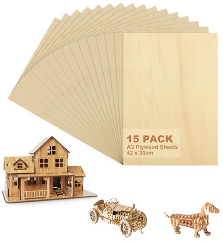 AHAQU 15PCS A3 Plywood Sheets, 420×300×3mm Unfinished Basswood Sheets, Blank Wood Board for DIY Crafts, Painting, Modelling, Fretwork Engraving, Home Decor