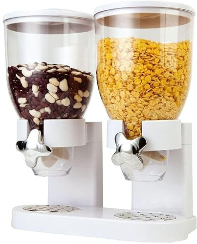 Double Cereal Dispenser Classic Dry Food Double Canister, Dry Food Dispenser Control Storage Container, Great for Cornflakes, candy, nuts, beans, granola - Kitchen Storage Dispenser, White