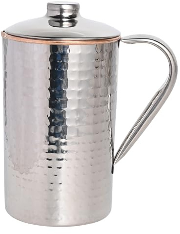 Krug aus gehämmertem Kupfer und Edelstahl, außen aus Edelstahl und innerem Kupfer für Ayurveda-Gesundheitsvorteile (1,5 Liter)
