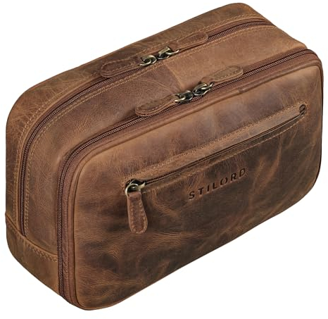 STILORD 'Voyager' Vintage Leder Kulturtasche Herren Damen Groß Waschtasche Kulturbeutel Echtleder Kosmetiktasche für Reisen Make-up Kosmetik mit Handschlaufe, Farbe:mittel - braun