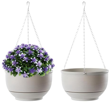 YuanDiann 2er Pack Hängende Blumentöpfe mit Abnehmbarem Tablett, Selbstabsorbierende Blumentopfkorb Plastik Hängepflanze Außen Innen Blumenampel Garten Dekoration Grau Weiß 30cm