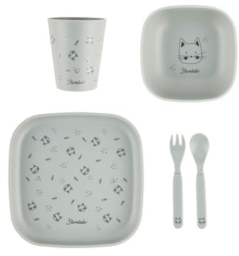 Sterntaler Geschirrset Katze Lilly - Baby und Kindergeschirr in eckiger Form ideal zum Füttern und selbständigen Essen lernen - robustes Geschirr aus lebensmittelechtem Material, mattgrün