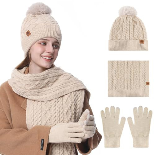 Mütze, Schal Und Handschuh-Set Für Damen - 3 In 1 Winter Wärmer Mit Touchscreen Handschuhen (Beige)