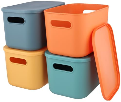 SINJEUN 4 Pack 25x18x16cm Plastic Storage Boxes with Lids, Plastic Storage Containers, Stackable Organiser Storage Containers for Kitchen Bathroom Office, 4 Color