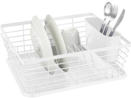 WENKO Geschirrabtropfer Mod. Drip Abtropfgestell mit Besteckkorb und Abtropfschale Metall pulverbeschichtet Kunststoff PP 36 x 15 x 30 cm Weiß