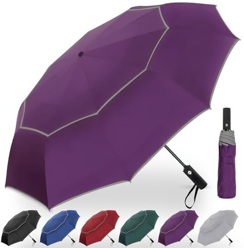 Satol 157,7 cm großer tragbarer Golfschirm mit reflektierenden Streifen, winddicht, 10 Rippen, belüftet, Doppeldach, übergroß, kompakt, Regenschirme für Reisen, wasserdicht, UV-Schutz, automatisches
