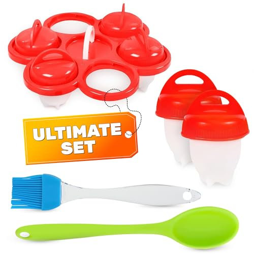 Egg Boiler for Hard Boiled Eggs Without Shell - Set of 6 Hard Boiled Egg Mold, Poaching & Making Sandwiches - All-In-One Kit, Heat-Resistant Silicone, Fits Most Pots (8.8 x 8.8 x 3.5)