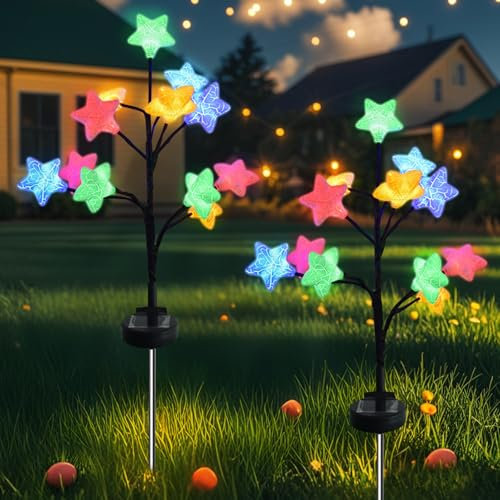 Lergas Solarlampen für Außen, 2 Stück Solarleuchten mit 12 LED Sterne, Bunt Sterne Solarlampen mit 2 Beleuchtungsmodi, IP65 Wasserdicht Solar Gartenleuchten für Außen, Garten, Balkon, Terrasse (B)