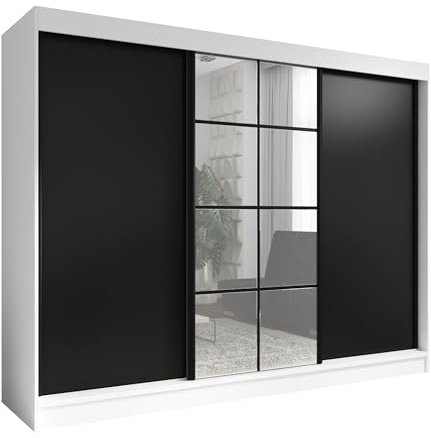A&J MöbelLand Schwebetürenschrank ORAVELLE Kleiderschrank 3-türig mit Schubladen, und Spiegel, Garderobe 200 cm (Weiß|schwarz)