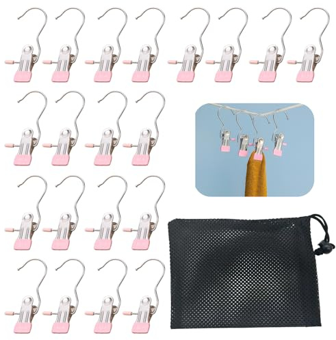 YSDINK Wäsche Haken Set,20 Stück rutschfeste Kleiderbügel Clips mit 360° Drehbarkeit, Metall Stiefelaufhänger für Schrank, geeignet für Hosen, Schuhe, Handtücher und Socken (Rosa)