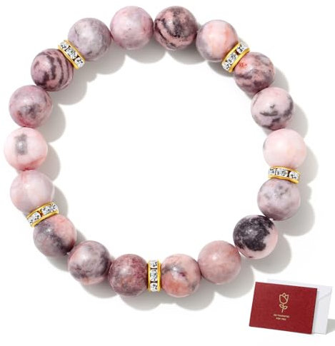 AWARDSEN Pink Zebra Bracelet Pierre Naturelle Femme 10mm Rose Pierre Precieuse Bracelet Perle Bijoux Cadeau Femme