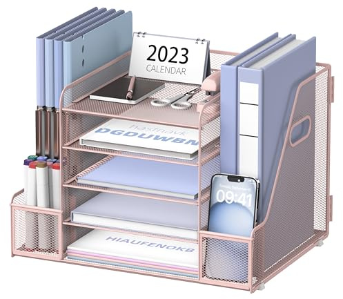 SUPEASY Mesh Desk Organiser with File Holder, 5-Tier Paper Letter Tray Organizer with Magazine Holder, Desktop Organizer and Storage for Office Supplies Home or School, Pink