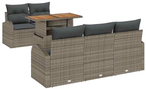vidaXL 6-teiliges Garten-Dining-Set mit Kissen aus grauem Rattan, Akazienholz, für den Außenbereich – Sofa, Sitzgruppe, Tisch, Patios, Terrassenmöbel für die Lounge.