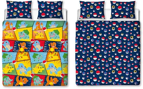Parure de lit Double Officielle Pokémon, Design rétro | Housse de Couette réversible Bleue Pikachu, Carapuce, Salamèche, Produits Officiels, taies d'oreiller Assorties incluses.