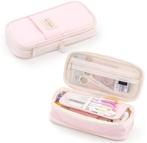 MLPKOI Trousse Scolaire, Trousse Pliable Grande Capacité, Portable Sac à Crayons école Papeterie Organisateur pour Fourniture Scolaire et de Bureau, Rose