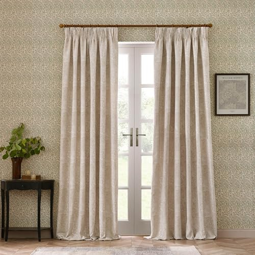 Morris&Co. Marigold Pencil Pleat Curtain Pair – Jacquard Lined Floral Heritage Drapes (Stone - 229x229cm)