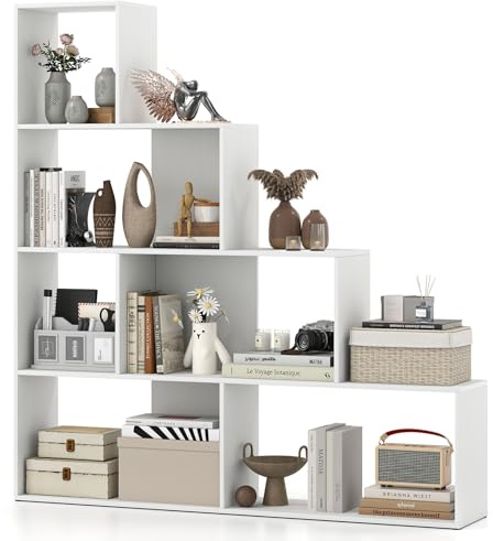 COSTWAY 6 Cube Storage Bookcase, 162CM Tall Wooden Display Bookshelf Corner Rack, Modern Freestanding Ladder Shelving Unit Room Divider for Home Office Living Room Bedroom (White, with Backboard)