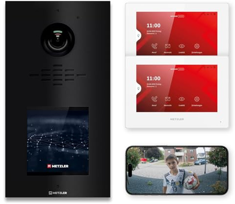 Metzler visiophone complet pour 1 à 500 logements - LAN/POE - interphone avec écran tactile IPS et 2 moniteurs intérieurs en kit, noir en acier inoxydable V2A | VDM10 2.0 Horizon