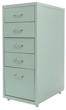 Mobiler Aktenschrank mit 5 Schubladen, Rollcontainer Büroschrank, Aufbewahrungsschrank aus Metall mit Rollen, Schreibtisch Unterschrank für Zuhause und Büro, 28x41x69 cm (Cremegrün)