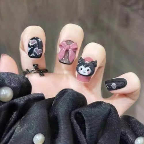 Xonojun 24 Pcs Faux Ongles Enfant Design Kuromi Cœurs et Nœud Papillon | Press on Nails avec Colle Noir et Rose Facile à Poser | Manucure Français Festive | Cadeau Beauté pour Filles Femmes
