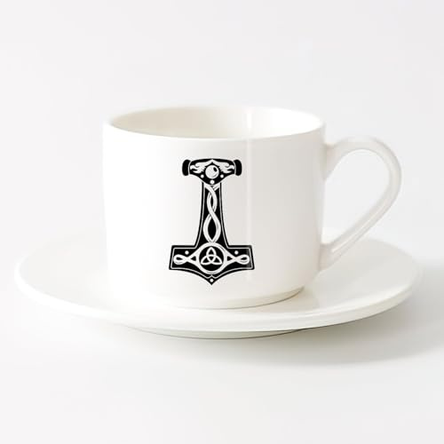 AYUEHBN Ceramic Cups with Handles Scandinavia Thor Hammer Celtic Mjolnir （6oz/175ml） Great for Home, Office, Cafes, Gift Ideas，Sets Tea Cup with Saucers (White)