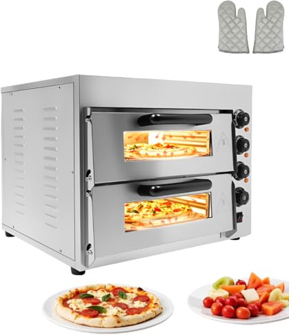 Profi Doppel Kammer Pizzaofen, Pizzaofen Elektrisch mit 2 Schamotte-Steinböden, 3000W Leistung, 50-350℃, Timer (1-60 Minuten), Gastro Steinbackofen für Pizza, Brot und Backwaren