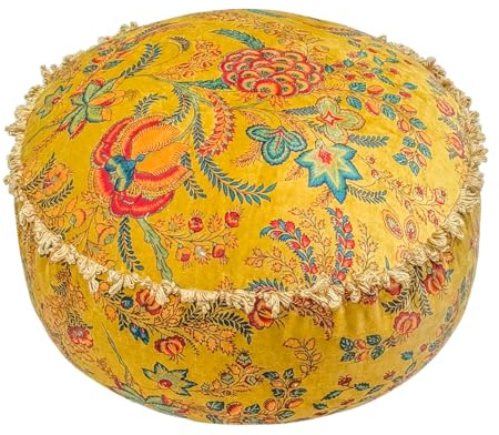 Mandala Life ART Senfgelber floraler Pouf-Bezug mit Spitzen-Fransenbesatz – handbedruckter Ottoman-Überzug im marokkanischen Design, 24 Zoll Durchmesser, Bodenkissen