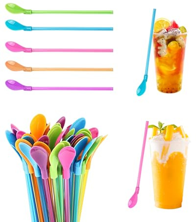 20 Pièces Paille Granité, 2 en 1 Pailles Colorés, Détachables, Reutilisable | Cuillères en Plastique Colorées, Cuillère Paille, Pailles Cuillère pour Smoothies, Laits, Frappés Cocktail, Milkshakes Café