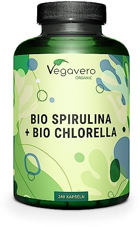 Bio Spirulina Chlorella Vegavero® | Hochdosiert: 2000 mg Pulver | 240 Kapseln | Laborgeprüft | Vegan & Ohne Zusätze