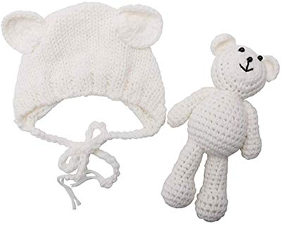 Newborn Baby Crochet Knit Costume Photography Prop Baby Bear Hat and Doll Set (White), One Size